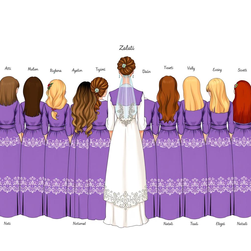 An enchanting illustration featuring fourteen girls standing in a line, facing backwards, with Zlati (the bride) prominently in the center