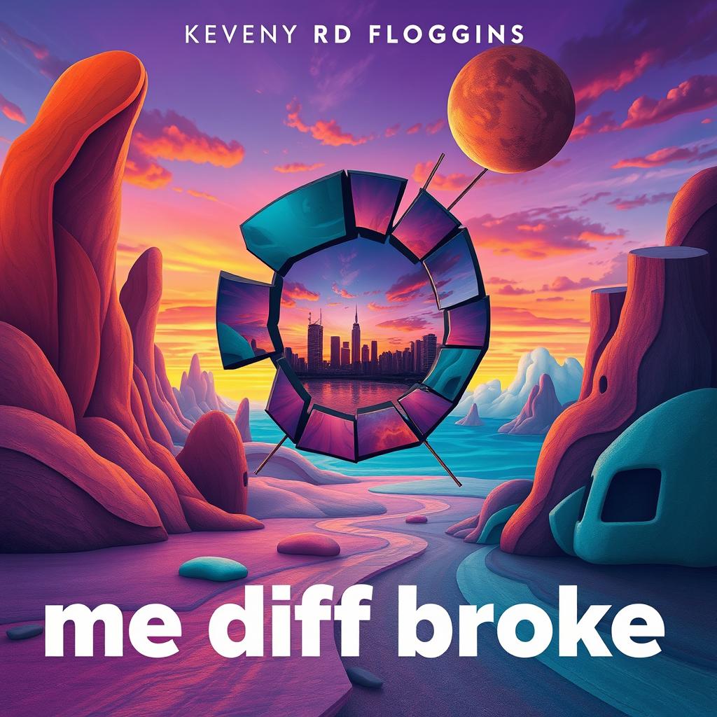An album cover titled "me diff broke" by Kenny Floggins, featuring an abstract, surreal landscape that blends elements of broken and fractured shapes with organic forms