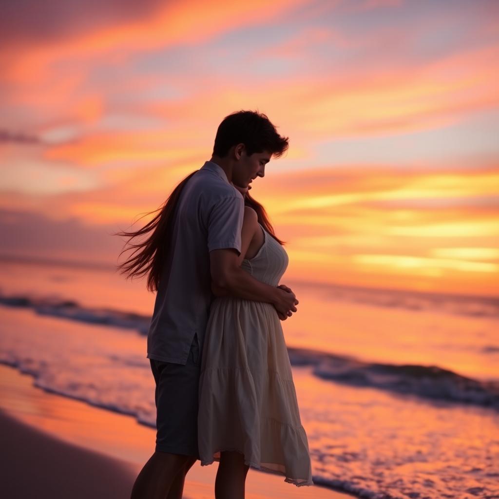 A romantic scene featuring a boy and girl together at a beach during sunset