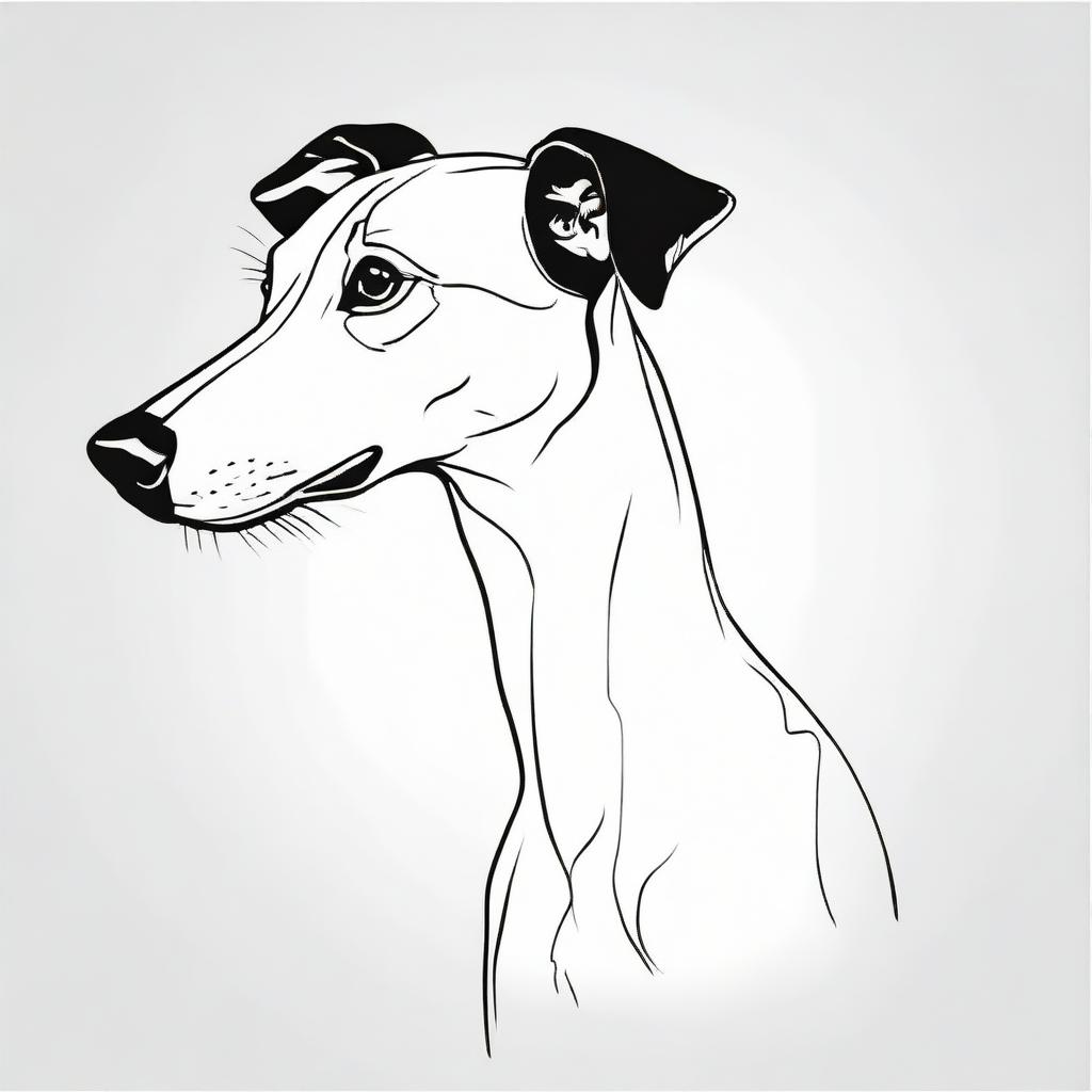 A high contrast black and white vector-style side view of a Whippet contour on a white background. Maintain a simple, flat design and line art style without any colors.