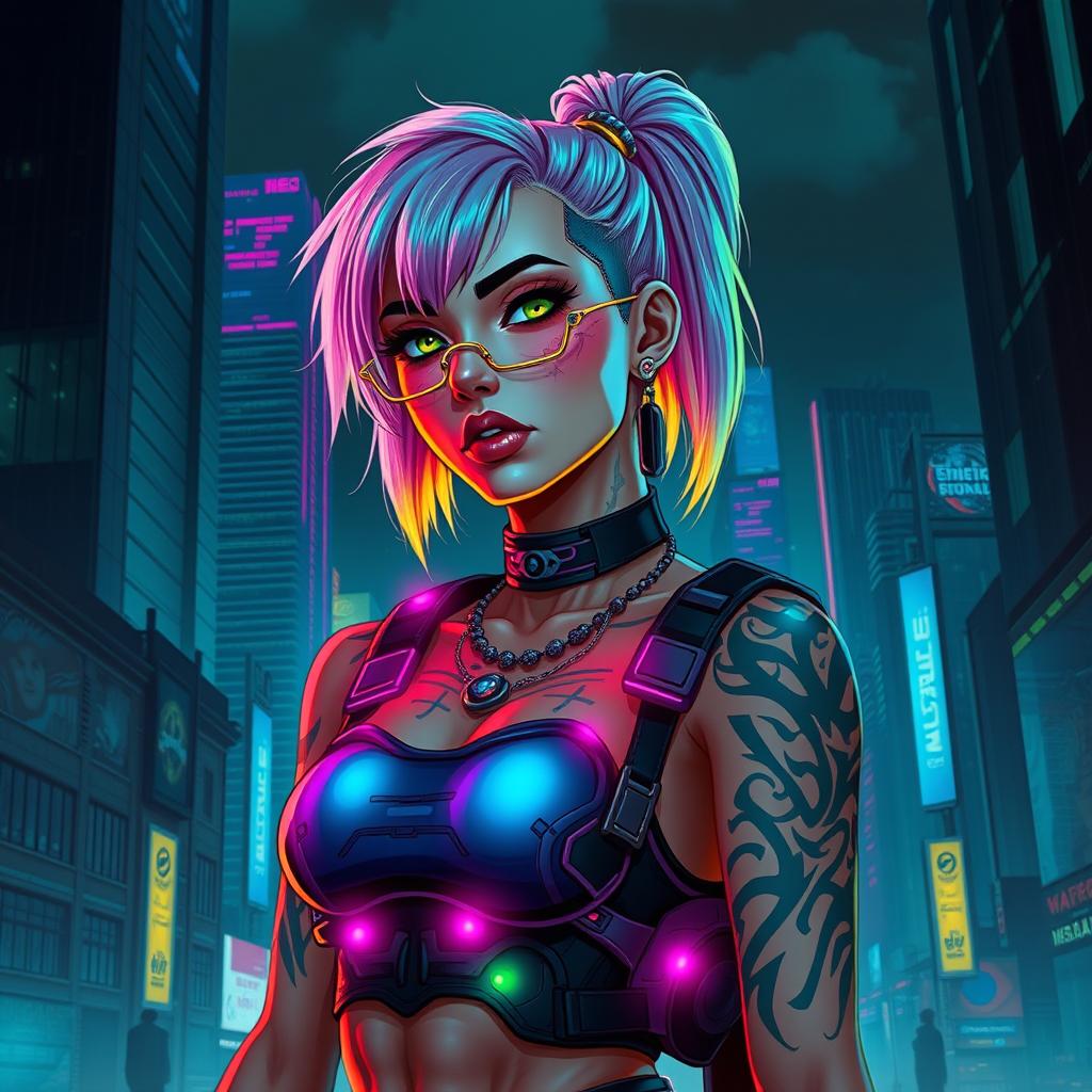 A cyberpunk-themed portrait of a character inspired by Rebeca, featuring vibrant neon colors, futuristic tattoos, and neon hair
