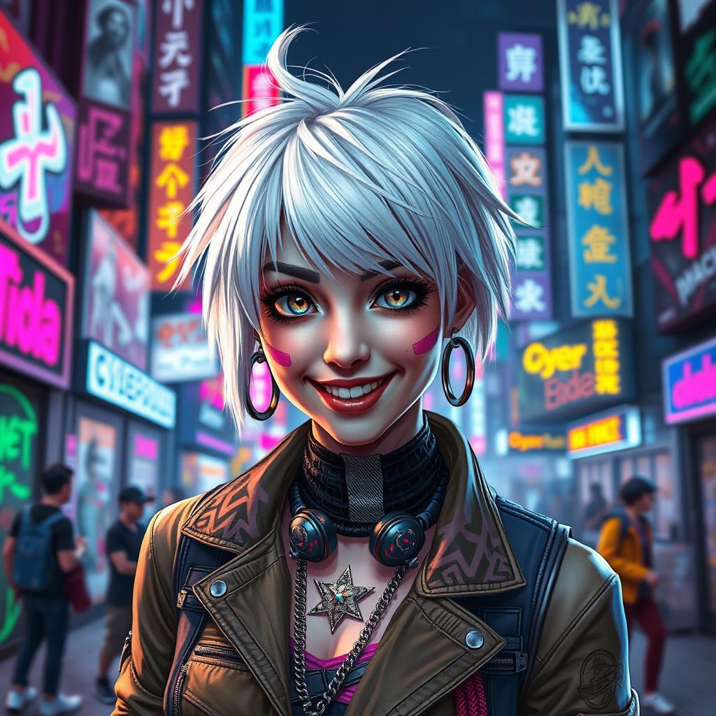 A striking depiction of Rebecca from Cyberpunk, showcasing her iconic look with bright white hair styled in a messy bob, wide expressive eyes, and a confident grin