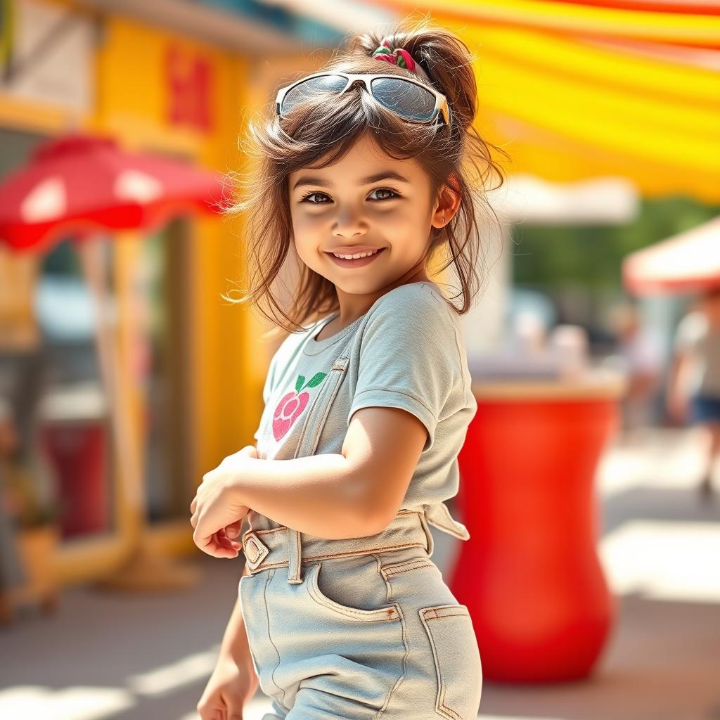 A petite girl with an adorable and charming appearance, featuring a playful smile and expressive eyes
