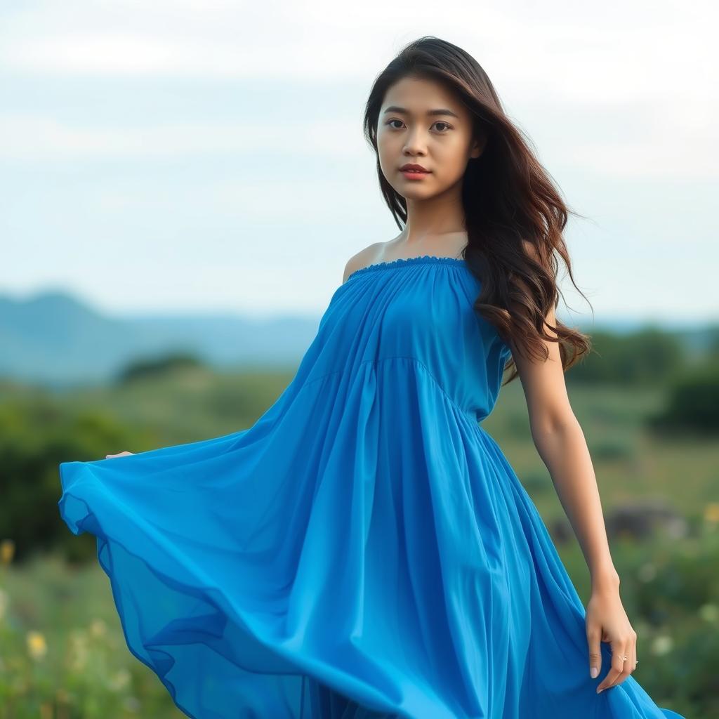 A young woman standing in a serene outdoor landscape, wearing a flowing blue dress that contrasts beautifully with the cool colors of the background
