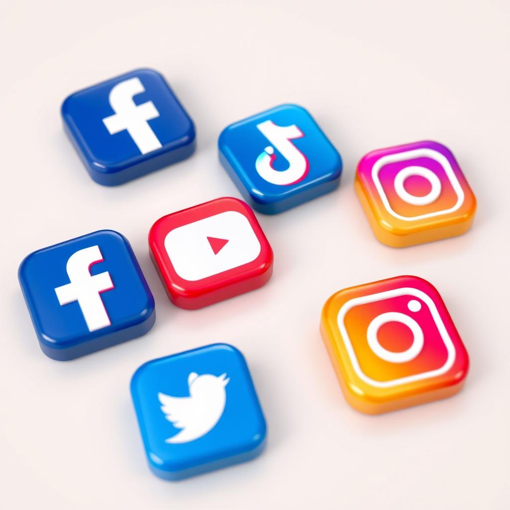 A collection of high-quality realistic icons representing popular social media platforms: Facebook, YouTube, TikTok, and Instagram