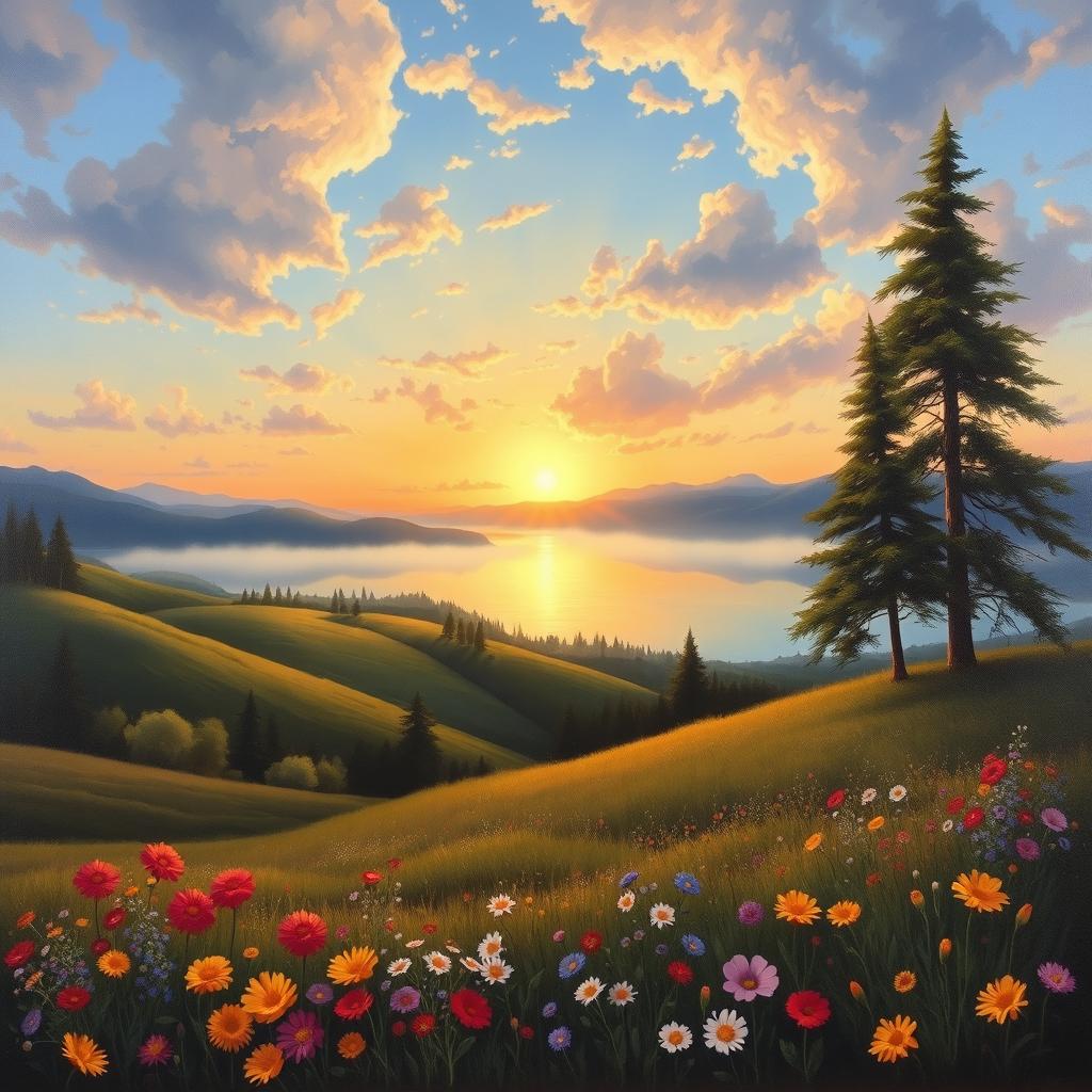 A classic oil painting featuring a beautiful landscape scene with rolling hills, a serene lake reflecting the sunset, and vibrant wildflowers in the foreground