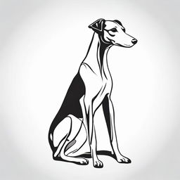 A high contrast, black and white vector-style illustration of a sitting Whippet seen from the side, on a white background. Use a simple, flat design and line art style, with no colors.