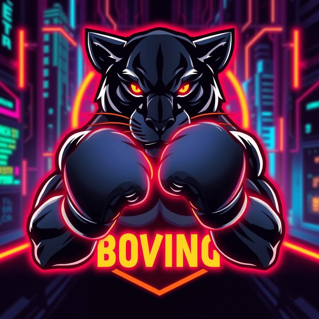 A striking logo design featuring a powerful black panther holding boxing gloves, representing strength and agility, set against a futuristic cyberpunk background