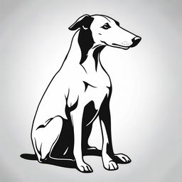 A high contrast, black and white vector-style illustration of a sitting Whippet seen from the side, on a white background. Use a simple, flat design and line art style, with no colors.