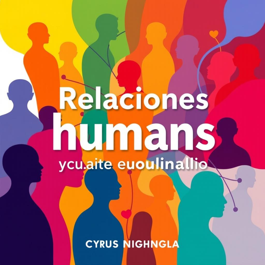 An abstract book cover design for 'Relaciones humanas y su impacto revolucionario' by Cyrus Nightingale, featuring interconnected human silhouettes in a variety of vibrant colors that symbolize unity and emotion
