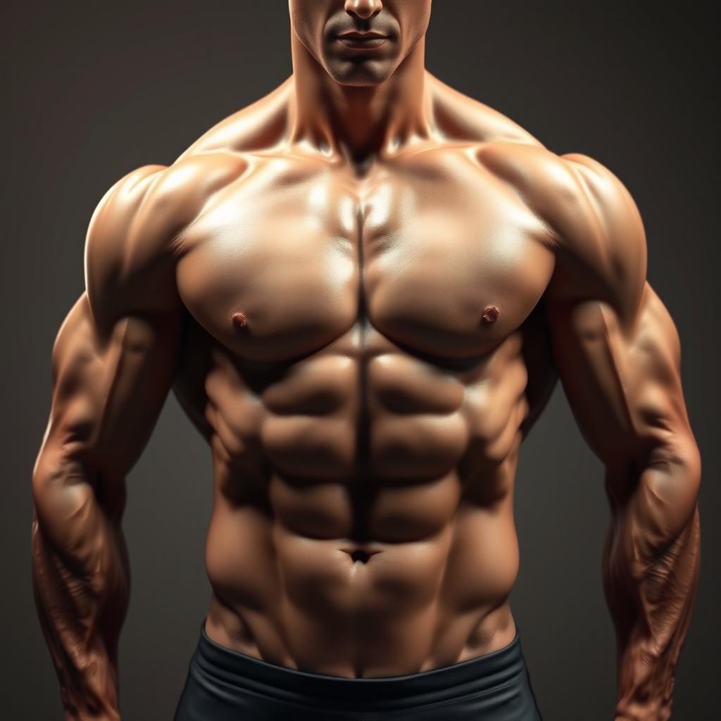 A highly detailed, muscular male figure showcasing an impressive set of defined abs, with a well-chiseled eight-pack visible