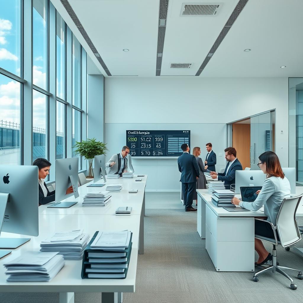 An elegant and modern office environment representing a credit bureau, featuring a clean and organized workspace
