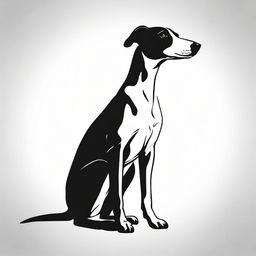 A high contrast, black and white vector-style illustration of a sitting Whippet seen from the side, on a white background. Use a simple, flat design and line art style, with no colors.