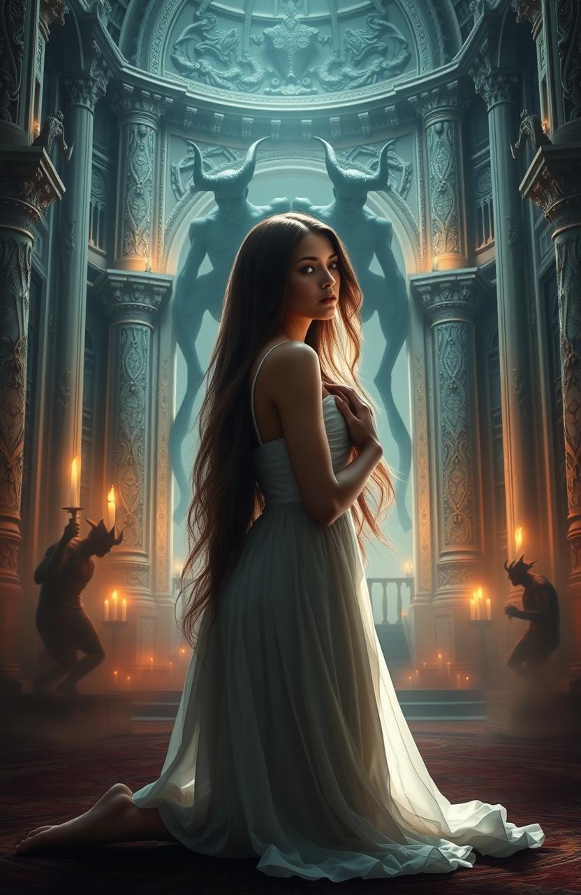A beautiful young woman, with long flowing hair and an expression of deep introspection, kneeling in prayer inside a grand, ornate temple