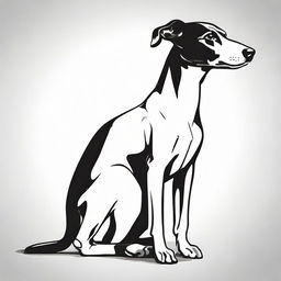 A high contrast, black and white vector-style illustration of a sitting Whippet seen from the side, on a white background. Use a simple, flat design and line art style, with no colors.