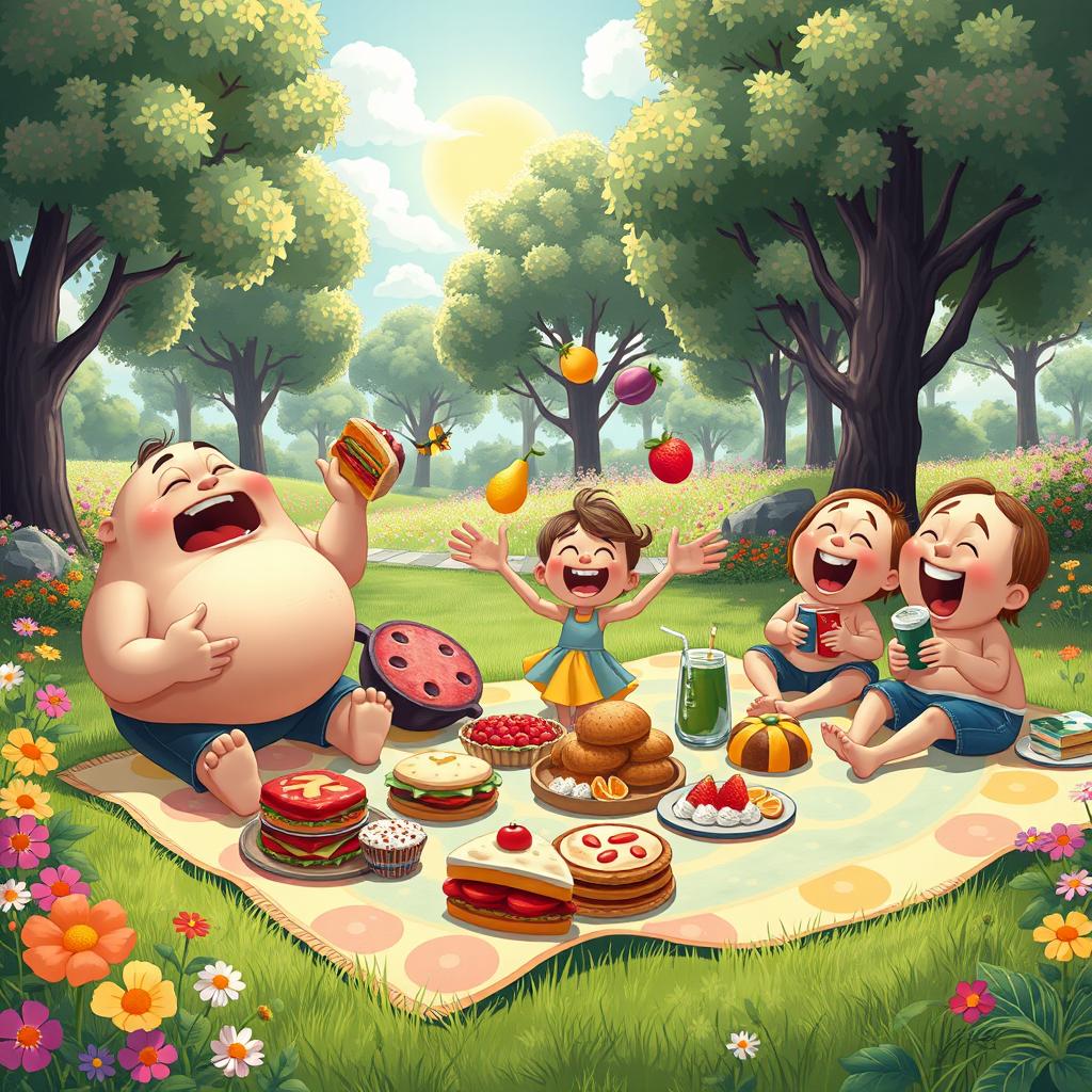 A comical scene depicting a group of larger-than-life cartoon characters having a joyful picnic in a lush park filled with vibrant flowers and tall trees