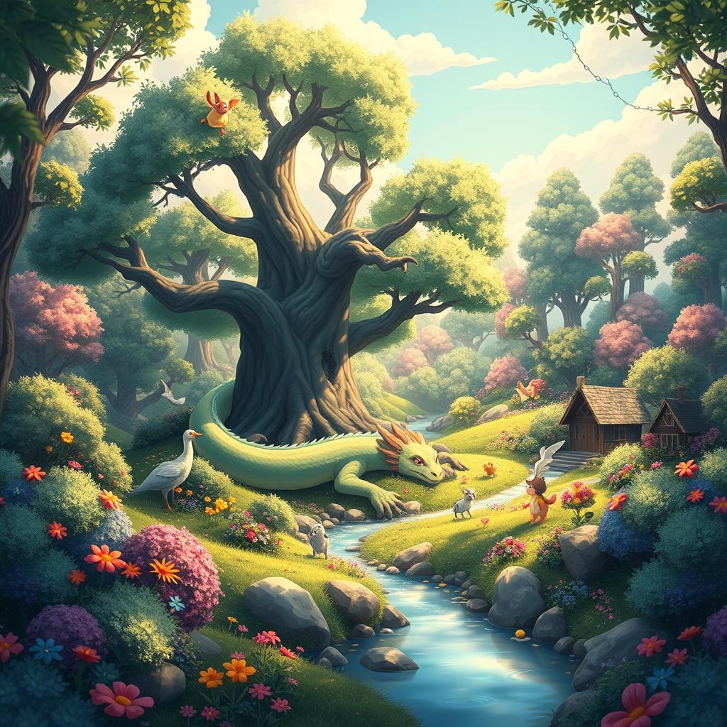 A magical forest filled with whimsical creatures in the style of Studio Ghibli, with bright colors and enchanting landscapes