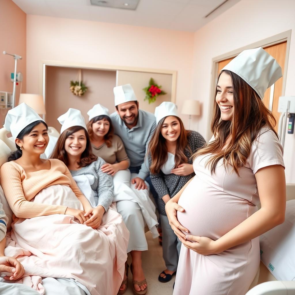 A warm and inviting hospital maternity ward scene filled with a joyful family