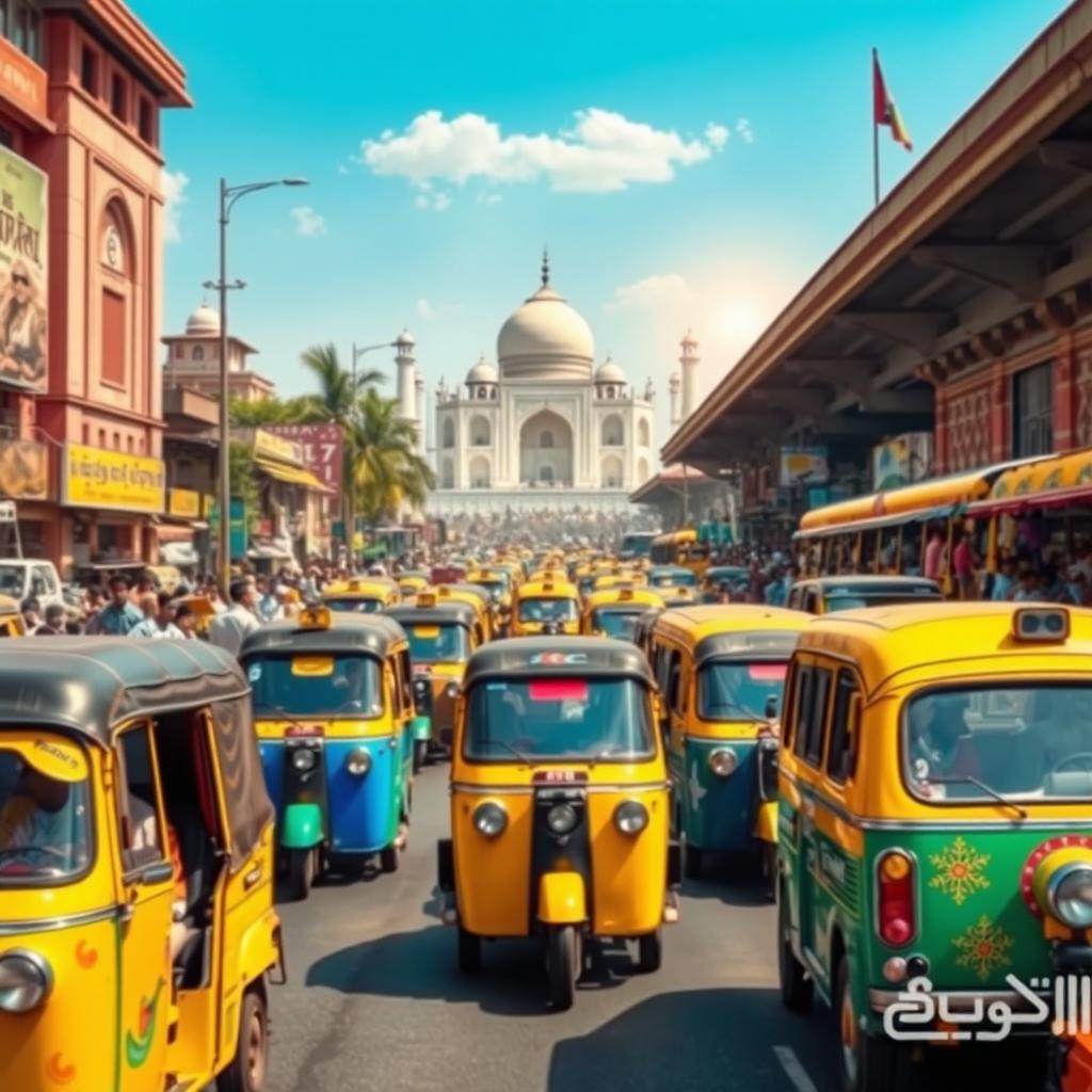 A vibrant and busy scene showcasing travel and transport in India