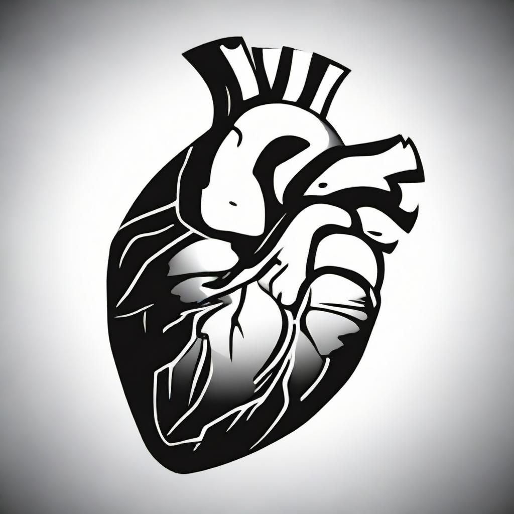 A high contrast, black and white vector-style illustration of an anatomical heart from a side view on a white background. The design should be simple, flat and in line art form without use of any colors.