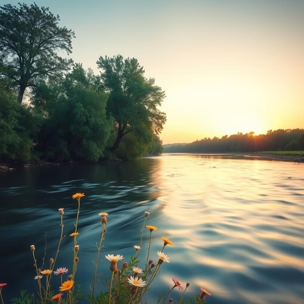 A serene landscape featuring a peaceful river flowing gently, with soothing colors of blue and green