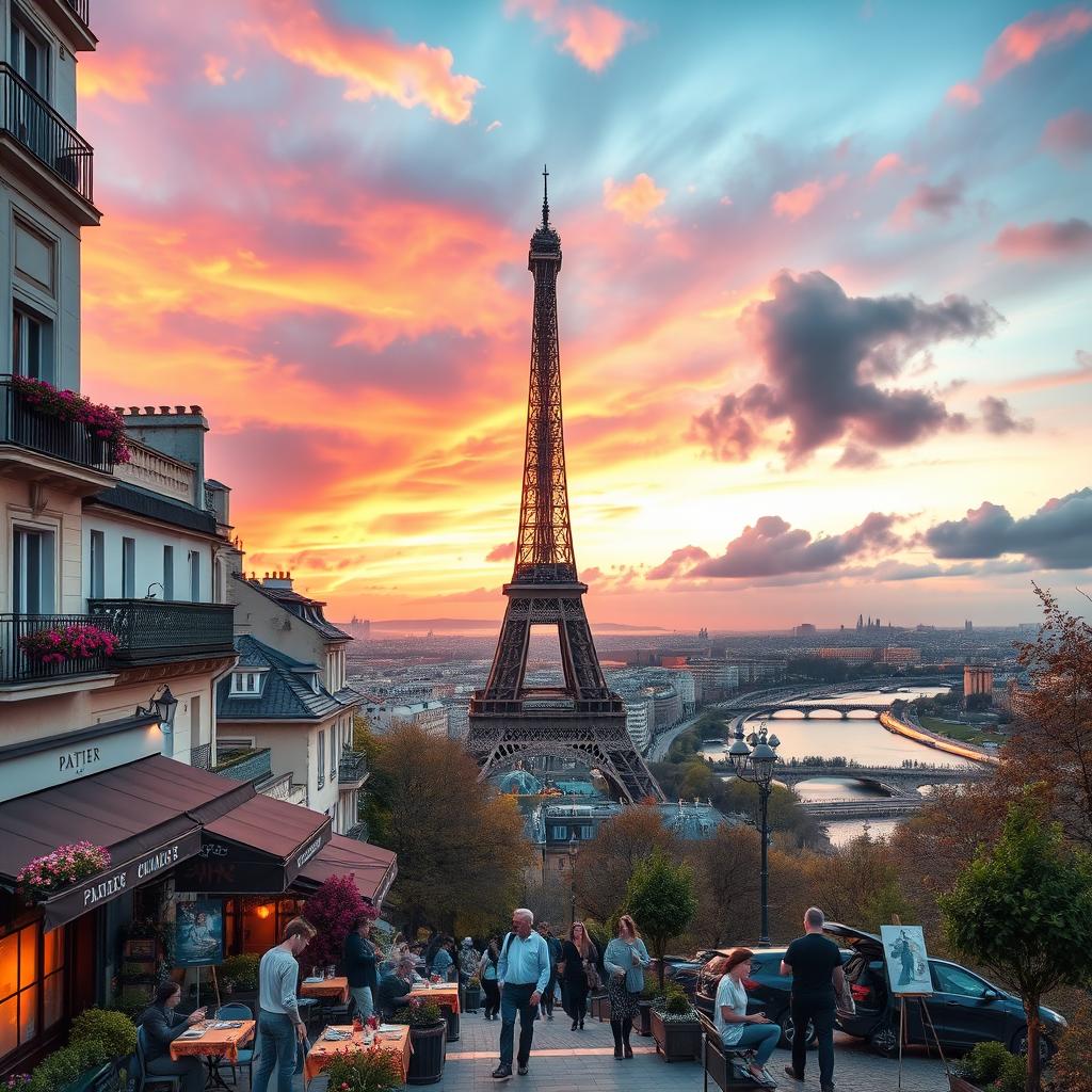 A stunning panoramic view of Paris, showcasing the Eiffel Tower as the central focal point against a vibrant sunset sky