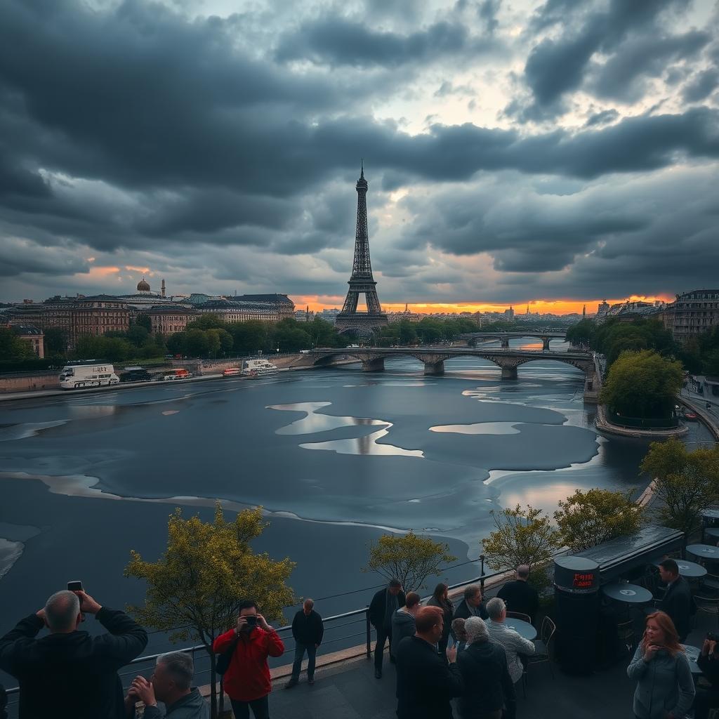 A dramatic scene of Paris with the Eiffel Tower prominently displayed in the background, surrounded by large, dark oil spills on the Seine River