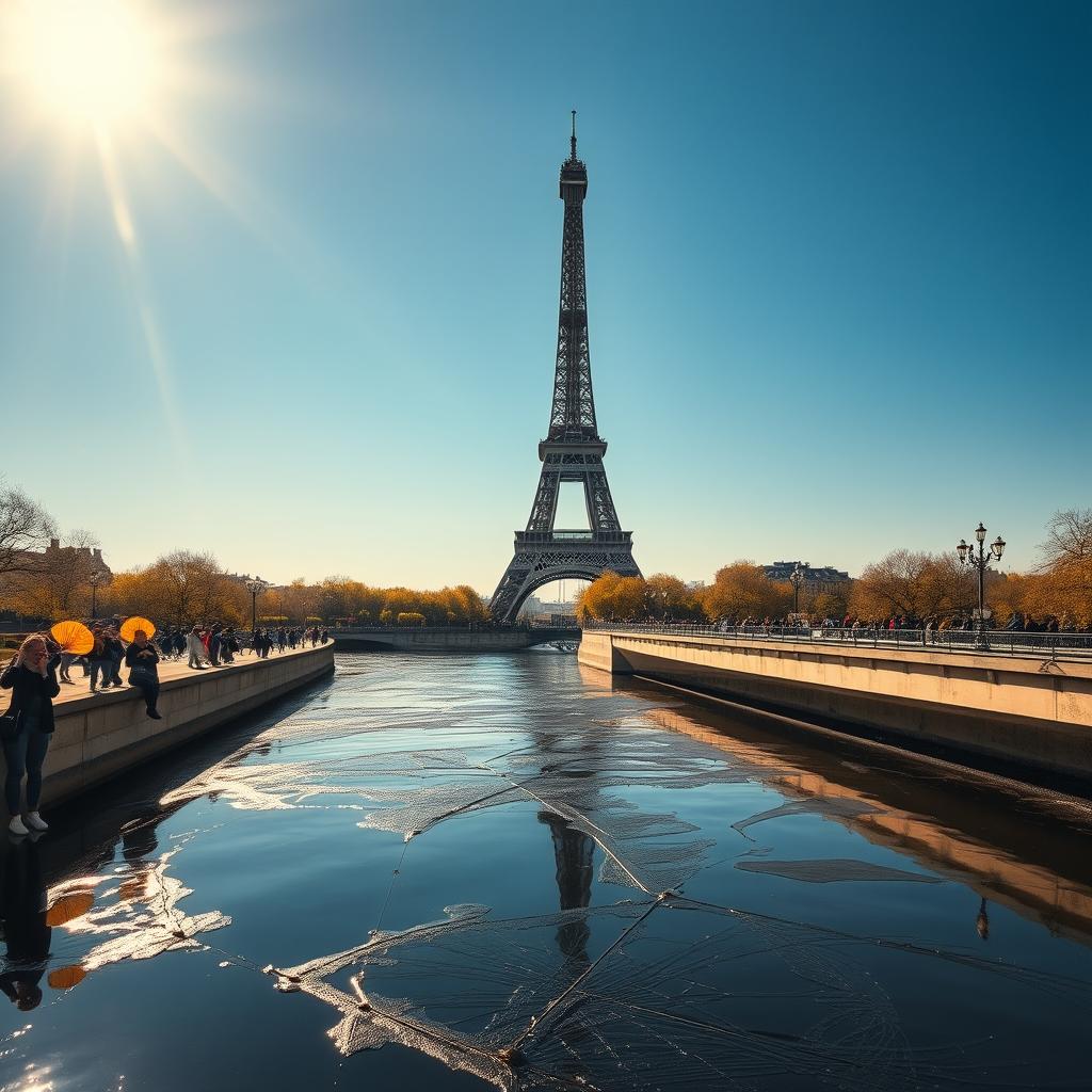 A striking scene of Paris where large oil spills mar the Seine River, with the iconic Eiffel Tower looming in the background