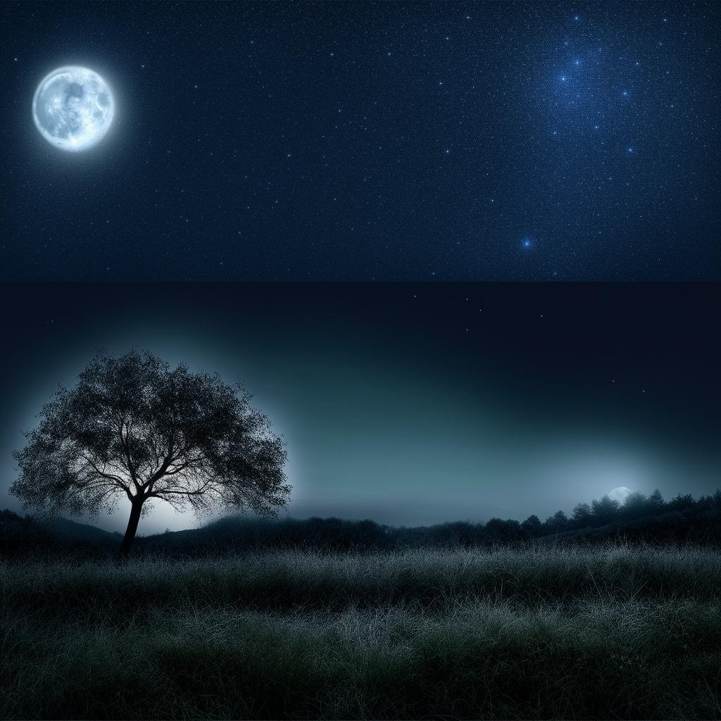 Create a realistic, enhanced image of a tranquil scene under the moonlight, featuring a solitary tree positioned on the lower right side of the landscape.