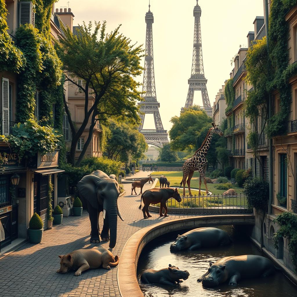 A captivating view of Paris, completely devoid of people for 1,000 years, now inhabited by African animals