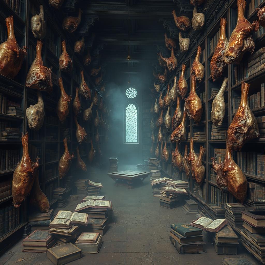 A surreal library filled with towering shelves, each one overflowing with large chunks of visibly decayed meat, creating an eerie atmosphere