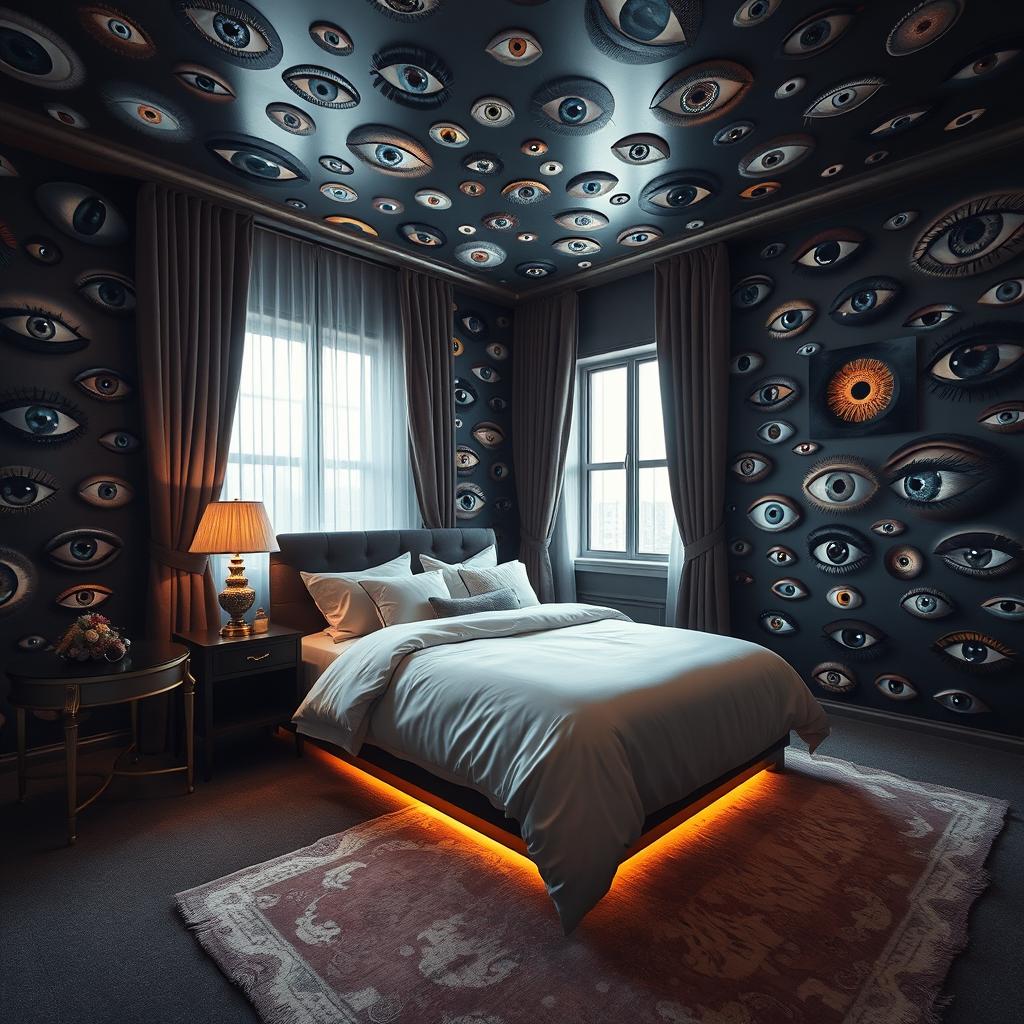 A captivating hotel room featuring walls adorned with numerous watchful eyes, varying in size and color, creating an atmosphere of intrigue and surrealism