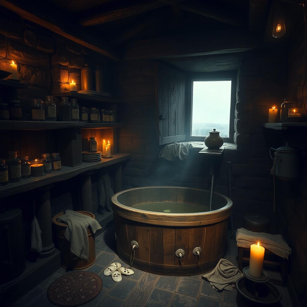 A historical bathroom set during the bubonic plague era, featuring rustic wooden structures and medieval plumbing