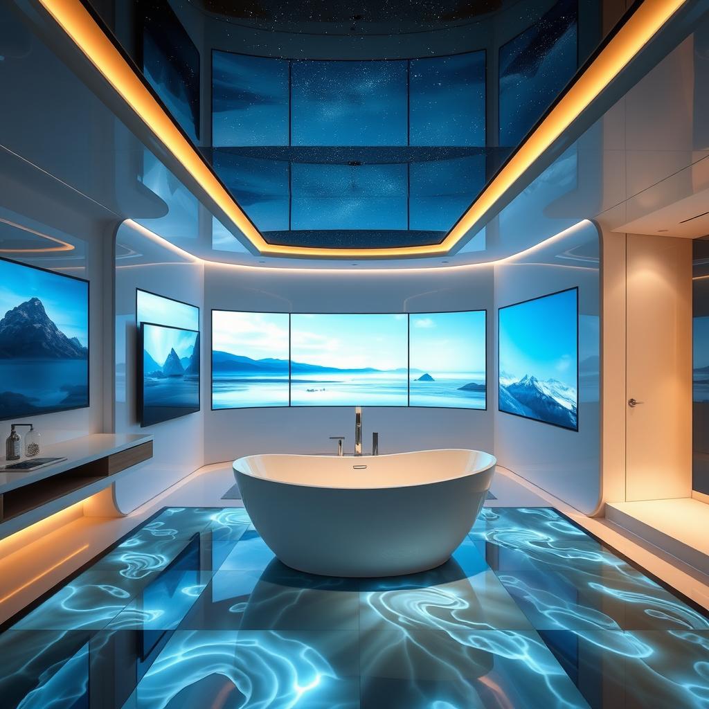 An ultra-modern bathroom where televisions are seamlessly integrated into the walls, ceiling, and floor, creating a futuristic and immersive environment