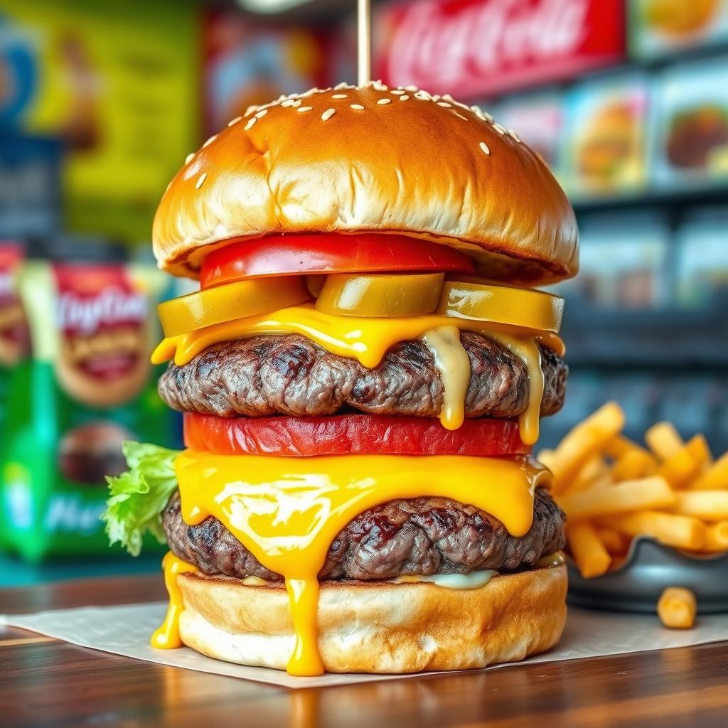 A mouthwatering fast food burger stacked high with layers of fresh ingredients