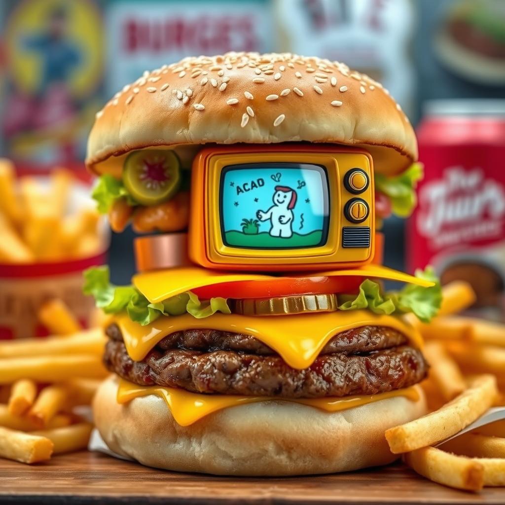 A whimsical fast food burger featuring a playful twist with a small, retro television embedded in the bun