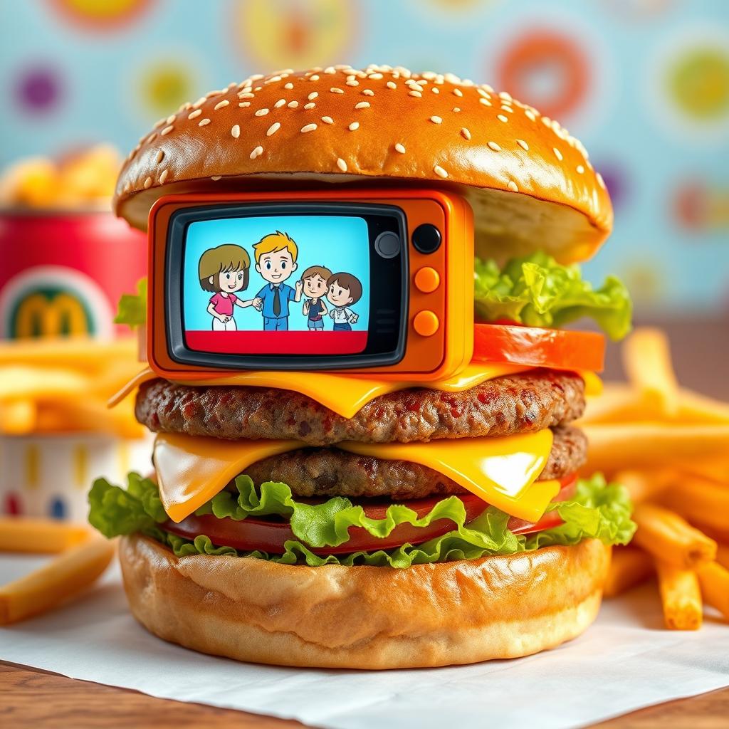 A whimsical fast food burger featuring a playful twist with a small, retro television embedded in the bun, showing a lively episode of Thinknoodles
