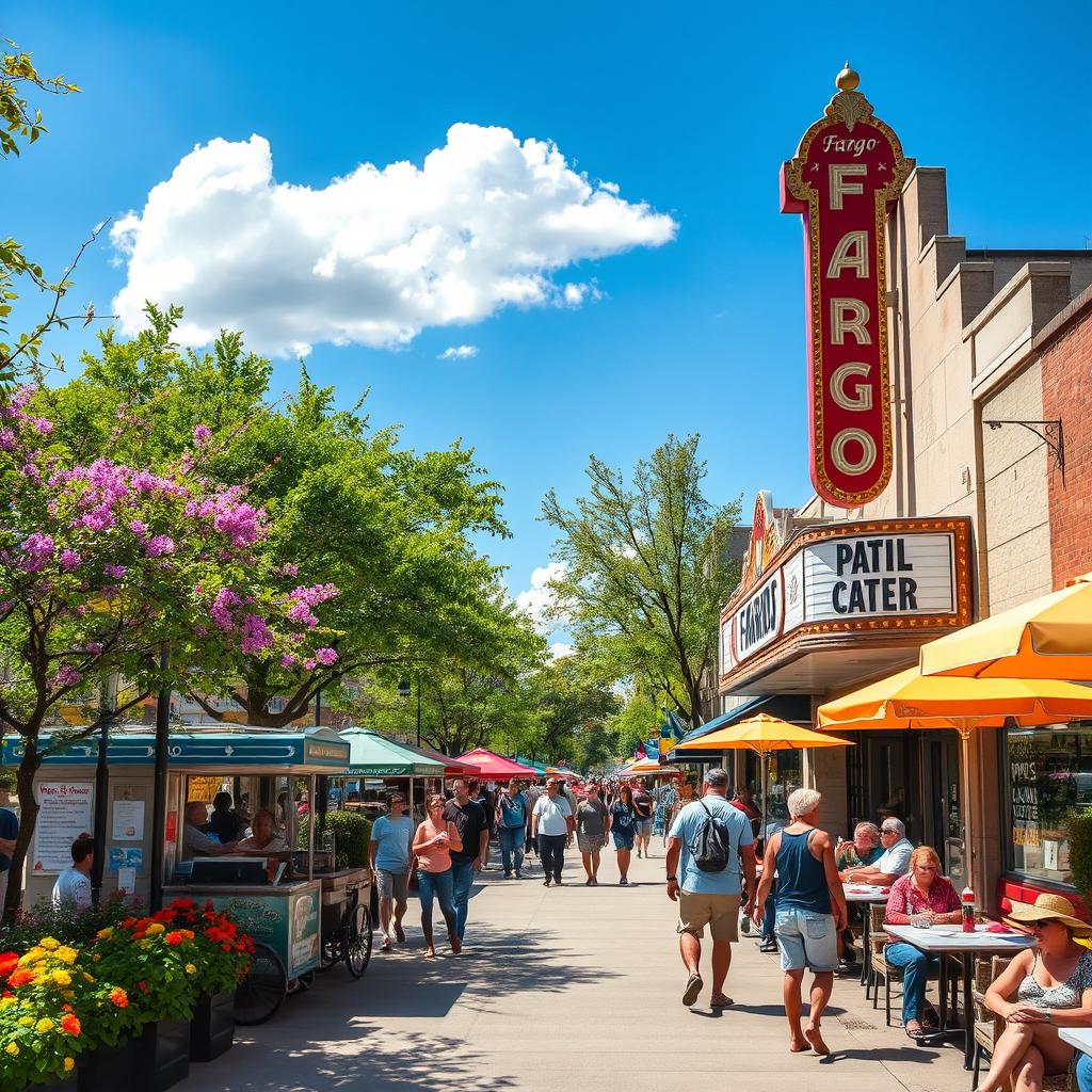 A vibrant scene of Fargo in April featuring a bright sunny day with temperatures hitting 100 degrees Fahrenheit