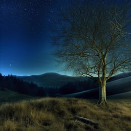 Create a realistic, enhanced image of a tranquil scene under the moonlight, featuring a solitary tree positioned on the lower right side of the landscape.