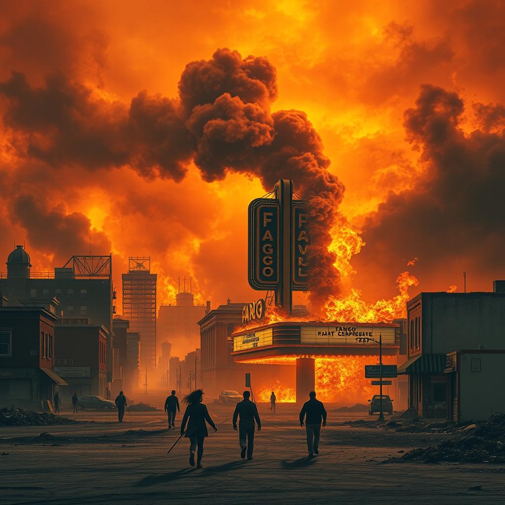 A surreal and apocalyptic depiction of Fargo experiencing an unthinkably high temperature of 600 degrees Celsius