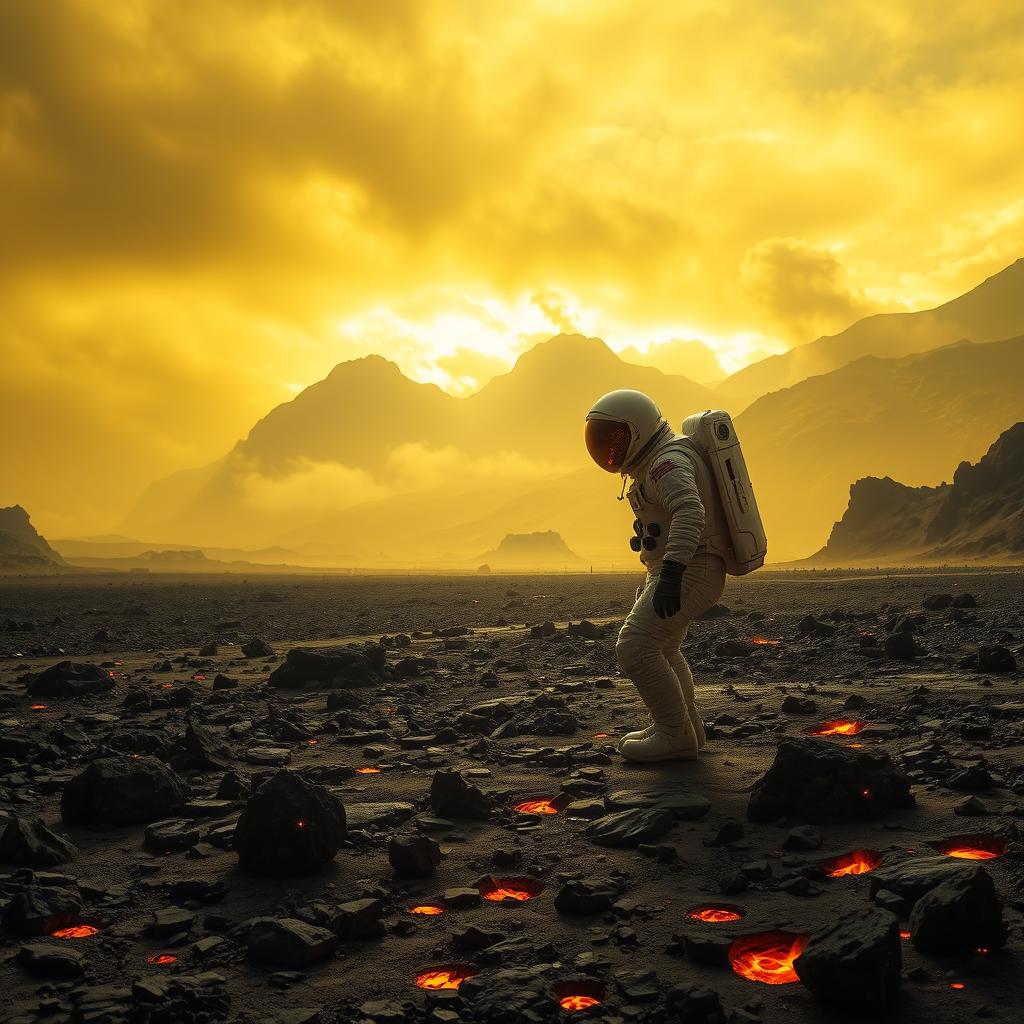 A dramatic scene depicting an astronaut standing on the surface of Venus, surrounded by the planet's unique, harsh landscape