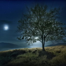 Create a realistic, enhanced image of a tranquil scene under the moonlight, featuring a solitary tree positioned on the lower right side of the landscape.