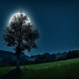 Create a realistic, enhanced image of a tranquil scene under the moonlight, featuring a solitary tree positioned on the lower right side of the landscape.