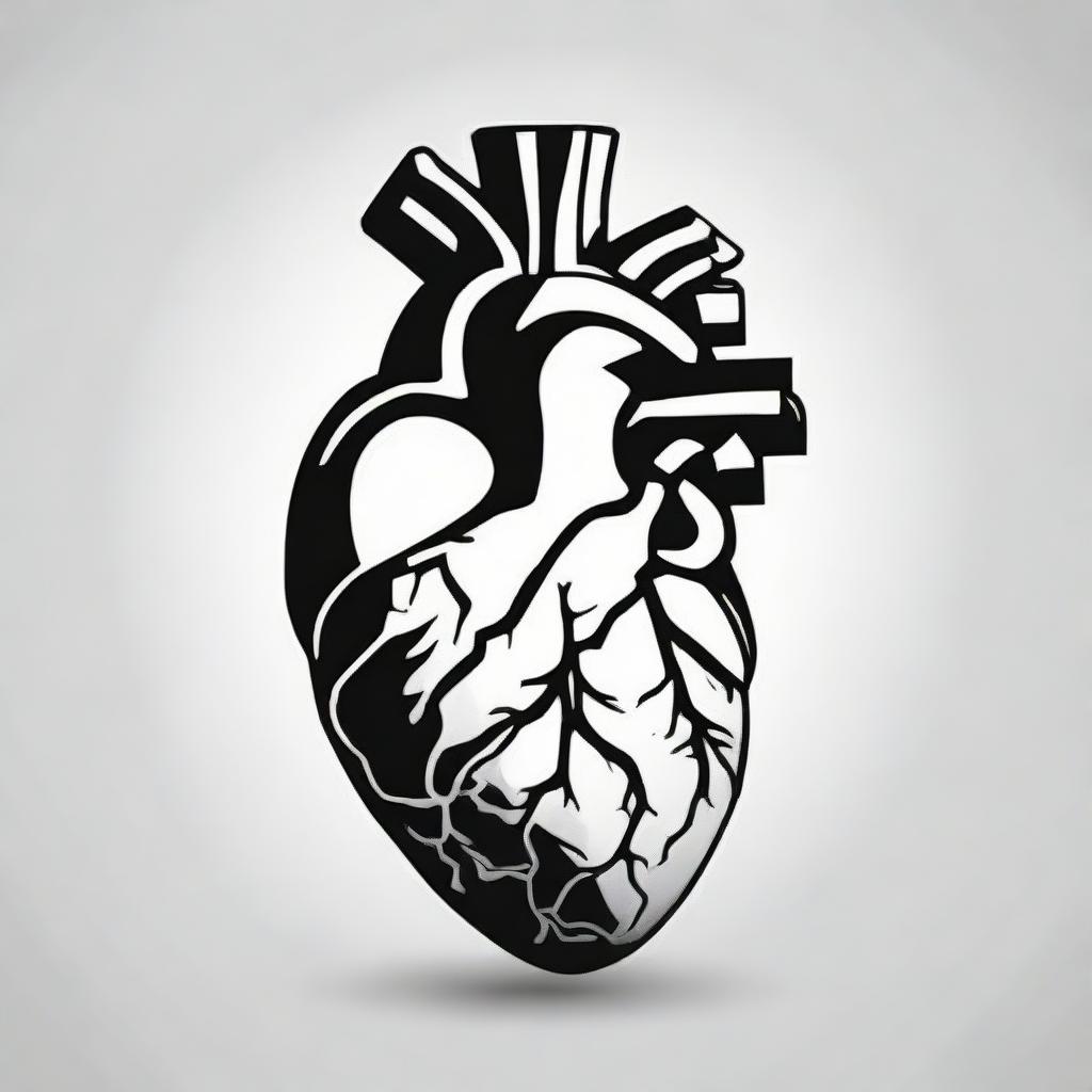 A high contrast, black and white vector-style illustration of an anatomical heart pendant on a white background. Ensure a simple, flat design and line art style without use of any colors.