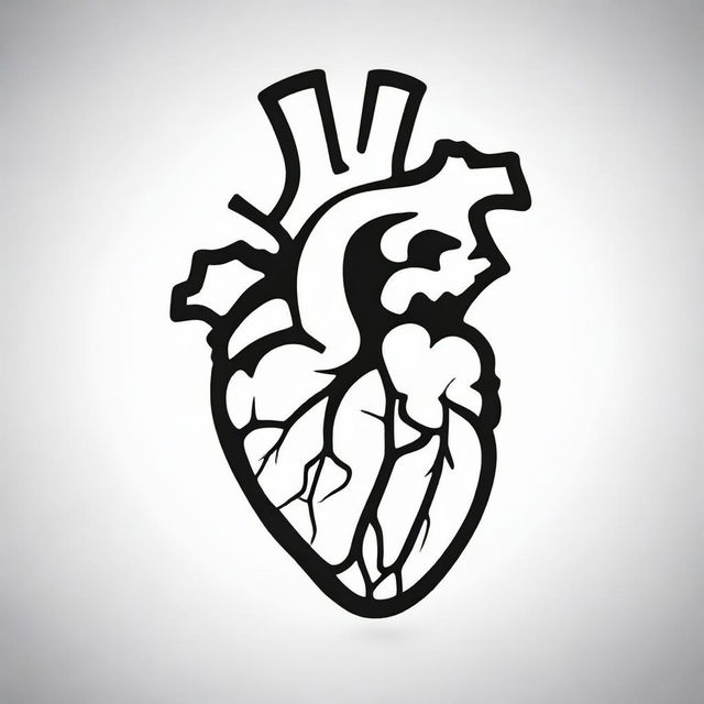 A high contrast, black and white vector-style illustration of an anatomical heart pendant on a white background. Ensure a simple, flat design and line art style without use of any colors.