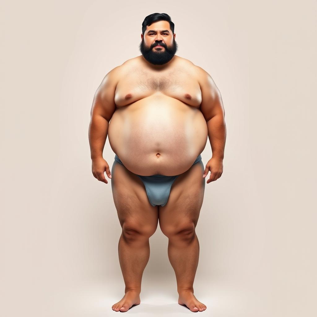 A full-body portrait of a very large man, approximately 450 pounds, with a big belly