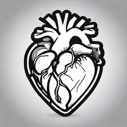 A high contrast, black and white vector-style illustration of an anatomical heart pendant on a white background. Ensure a simple, flat design and line art style without use of any colors.