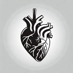 A high contrast, black and white vector-style illustration of an anatomical heart pendant on a white background. Ensure a simple, flat design and line art style without use of any colors.