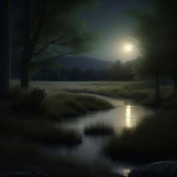 Produce an ephemeral, enhanced, and realistic image of a serene scene under the radiant glow of the moonlight, subtly illuminating the landscape.