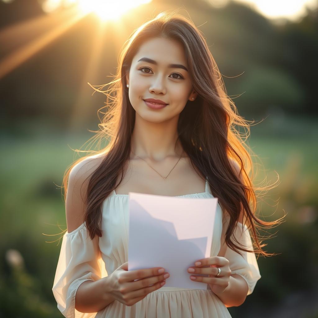 A woman bathed in the soft glow of morning light, standing gracefully as she holds a piece of paper in her hand